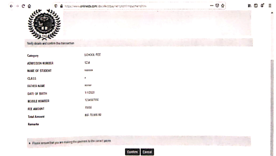 Confirmation Page step to pay Sainik School Fees by SBI Payment Gateway